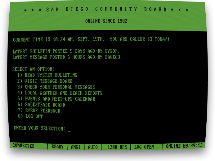 [MuffinTerm screen in green monochrome mode showing CRT curvature and scanline effects]